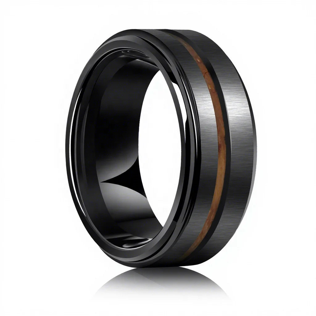 POYA 8mm Men's Tungsten Carbide Stepped Edges Ring with Whiskey Wood Inlay Engagement Jewelry MegaBDM