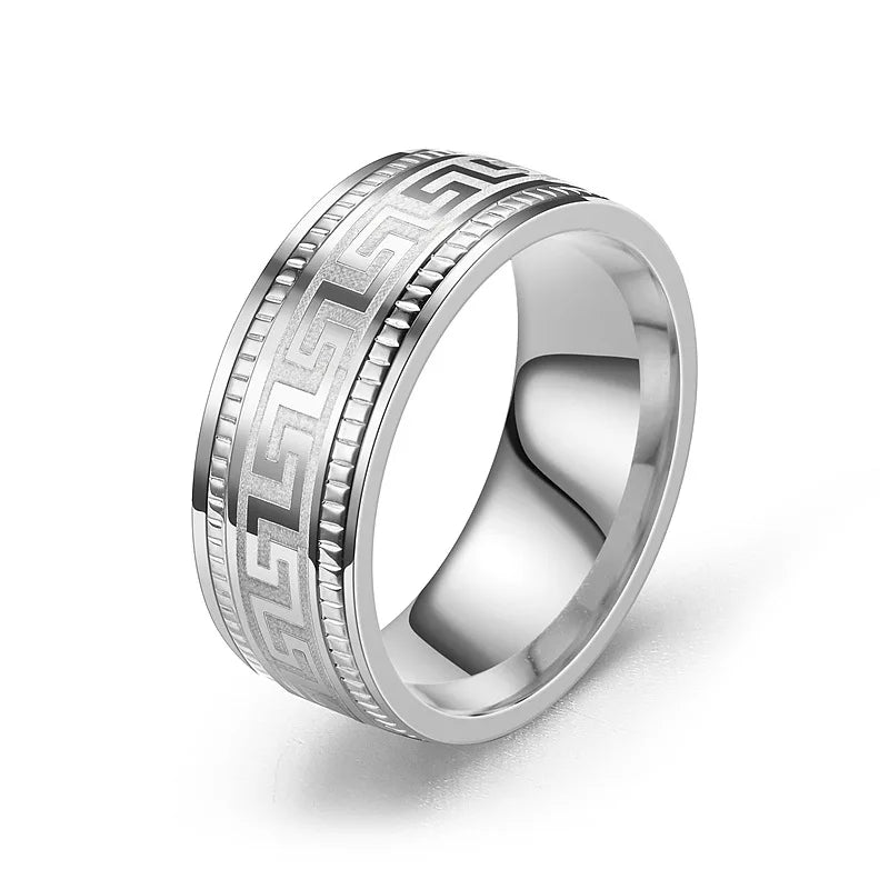 Man 8mm Titanium Steel Ring Embossed Great Wall Pattern Non-tarnish Men's Silver Stainless Steel Ring Wholesale