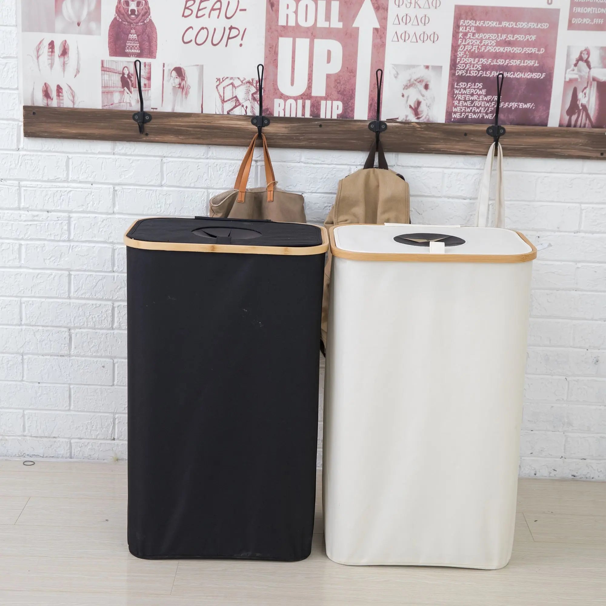 Foldable Storage Basket Handmade Oxford Cloth Bamboo Laundry Basket Hamper With Cover