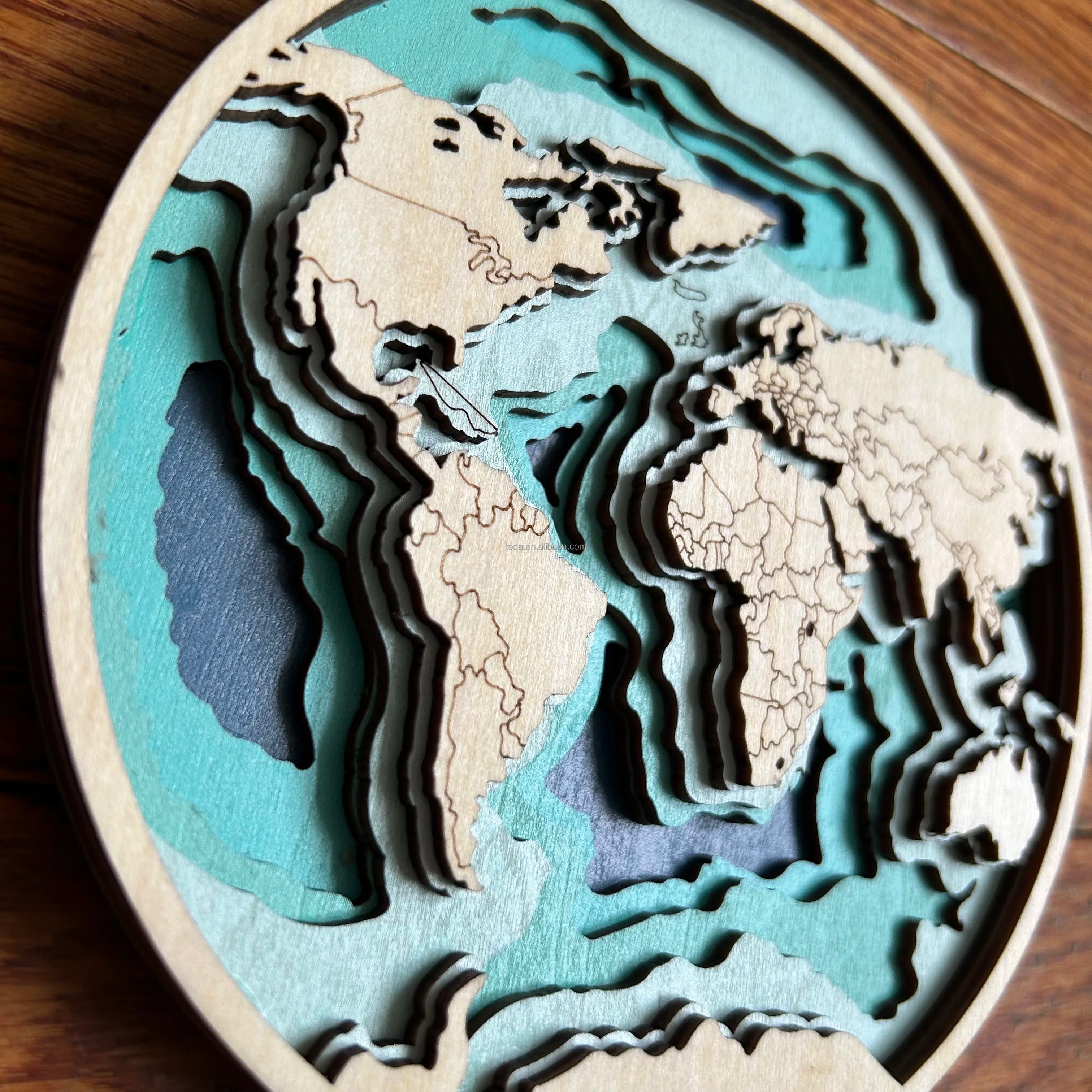 Trending Mulilayered Wall Art Custom Laser Cut Wood 6 Layer 3D Map of the World for Wall Decor