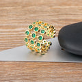 QIKU Fashion Geometric MultiLayer Green Diamond Paved Rings Gold Plated Adjustable Opening Finger Jewelry Accessories Customized
