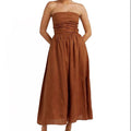 Custom Cotton Linen  A-Line Tube Dress Breathable Gown Evening Dresses Tube Pleated Maxi Prom Dress Women Elegant