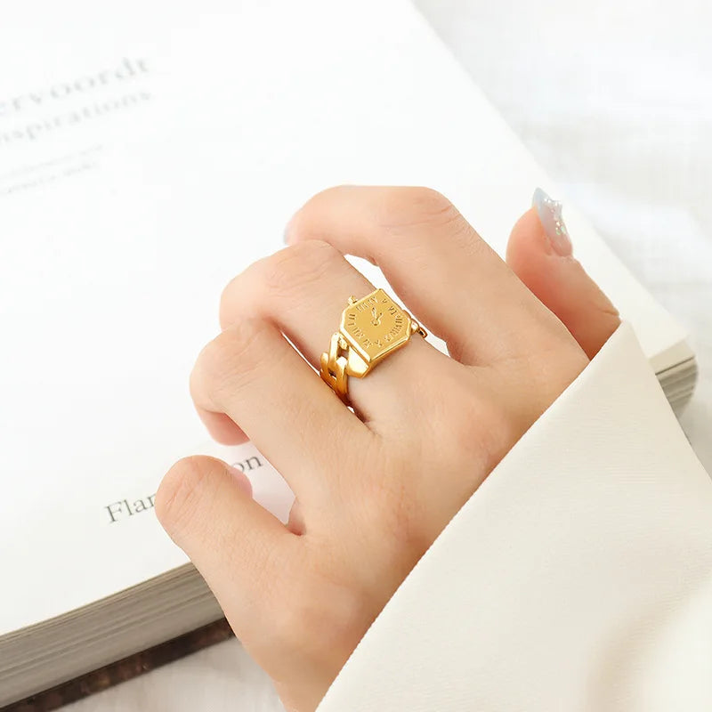 New Stainless Steel 18K Gold Plated Clock Style Jewelry Design Rings Commuter Open Adjustable for Women Tarnish Free