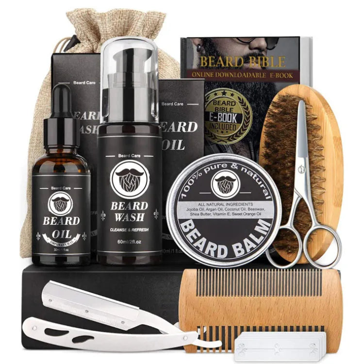 Beard Care Kit Men Professional Beard Growth Kit Shampoo Brush Oil Comb Cream Roller Beard Care Set