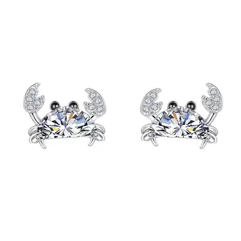 Wholesale Jewelry 925 Sterling Silver Mini Cute Clear Zircon Crab Stud Earrings for Women