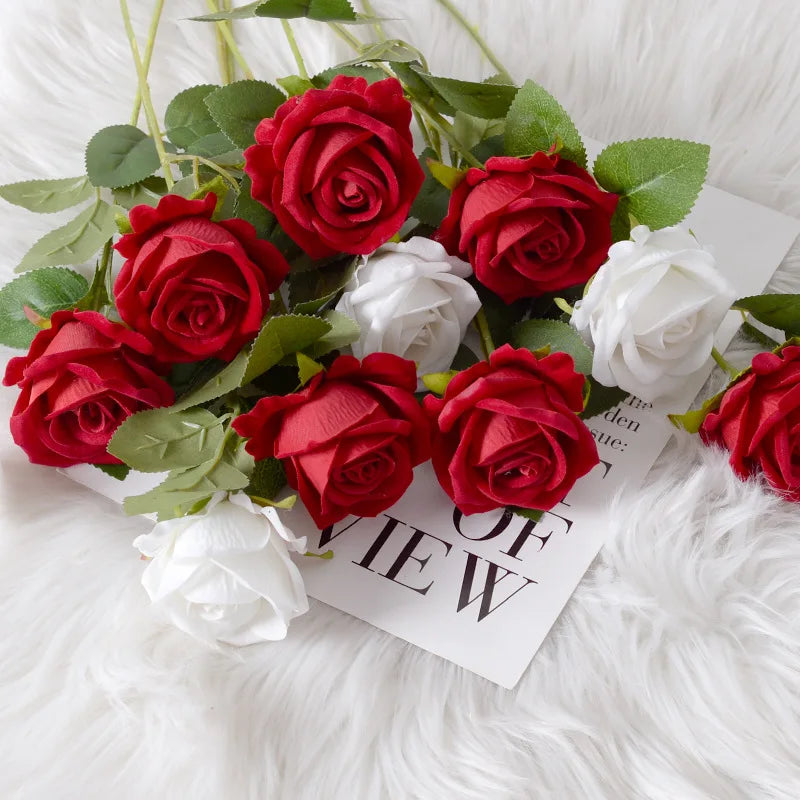 Artificial Flowers Single Heads Rose Bouquet Silk  Velvet Rose Floral Bundle for Wedding Decoration