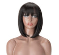 10-14 Inch Bob Straight Glueless Wigs with Bangs Natural Black Virgin Brazilian Adjustable Band 180% Density Black Women 1 Piece