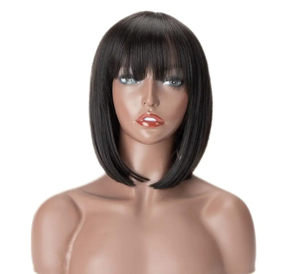 10-14 Inch Bob Straight Glueless Wigs with Bangs Natural Black Virgin Brazilian Adjustable Band 180% Density Black Women 1 Piece