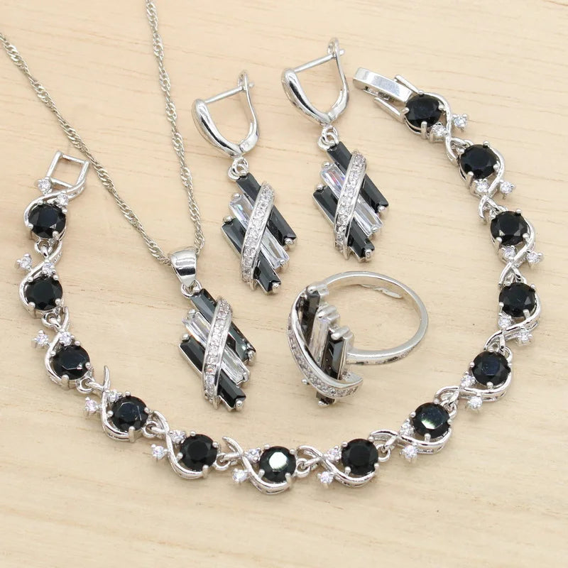 Classic Silver Color Wedding Set for Women Alloy Bracelet Necklace Ring Black Zirconia for Parties Engagements Christmas Gift