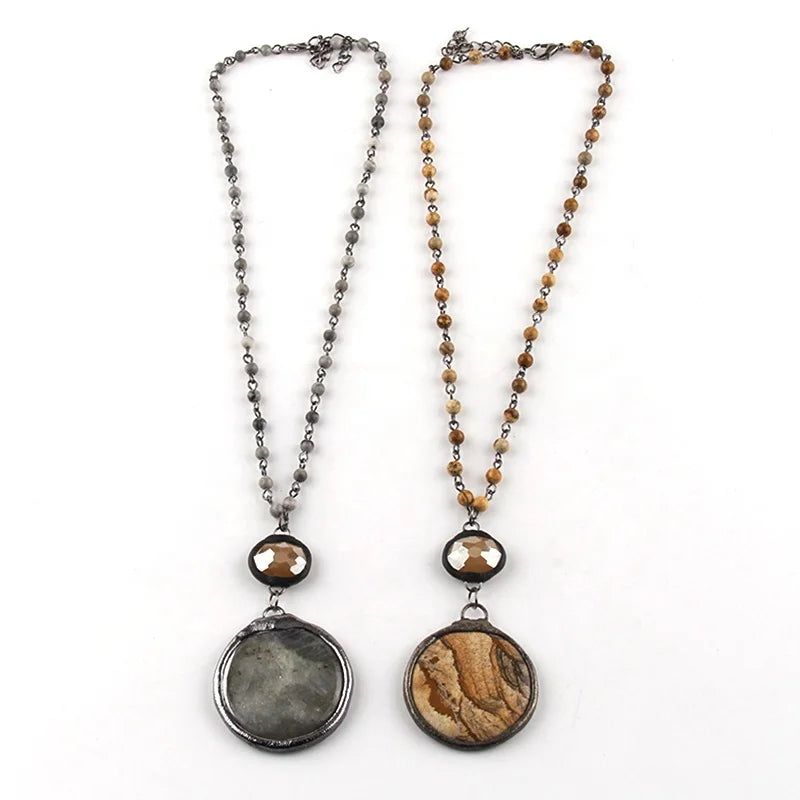 Vintage Ethnic Jewelry 4mm Natural Stone Picture Jasper Rosary Chain Round Stone Disco Pendant Choker Necklace