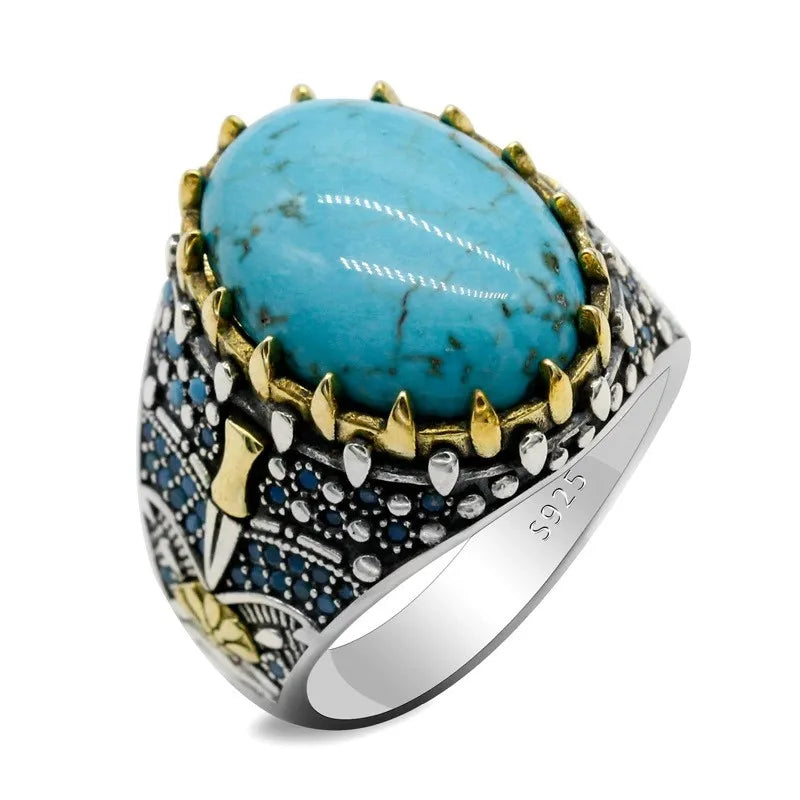 MYF New Arrival 925 Sterling Silver Platinum Plated Turquoise Gemstone Ring Prong Setting Geometric Trendy Men's Jewelry