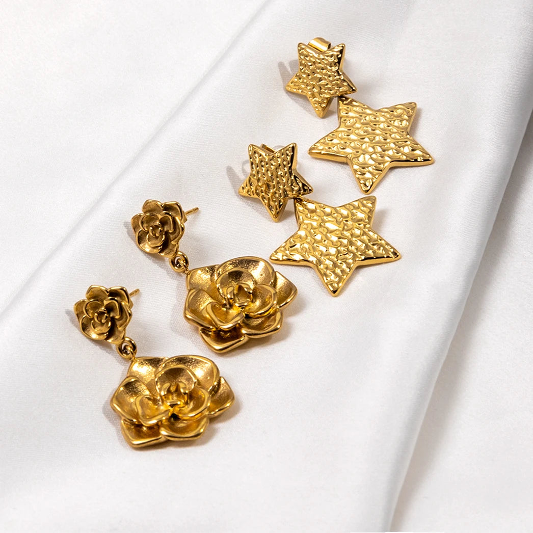 JUSNOVA Ladies Vintage 18K Gold-Plated Stainless Steel Stud Fashionable Irregular Natural Stone Huggie Statement Jewelry