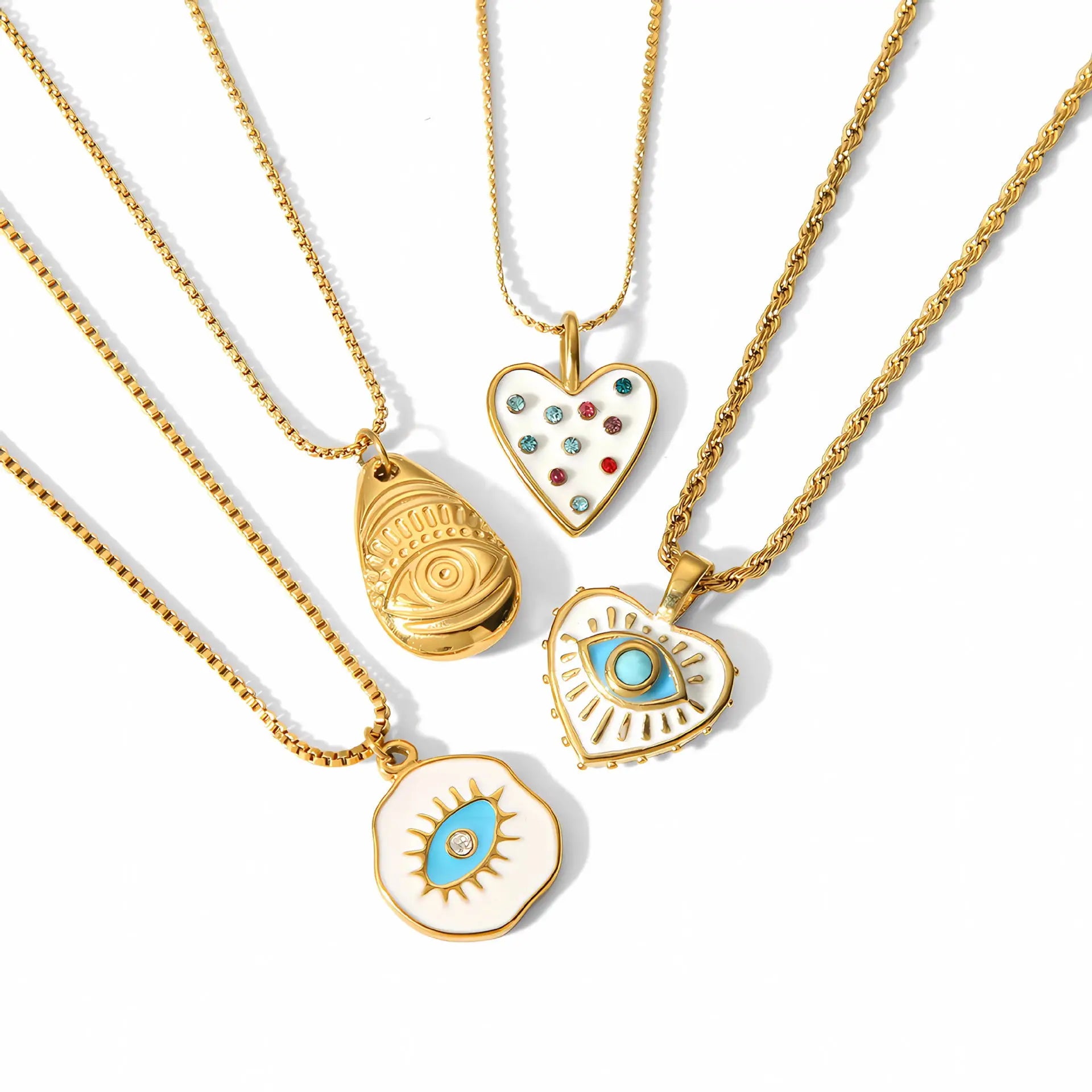 Waterproof PVD Ethnic Fashion 18K Gold Plated Stainless Steel Cubic Zircon Turquoise Enamel Evil Eye Pendant Necklace for Women