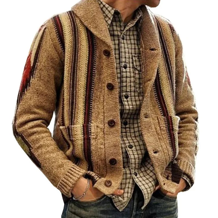 Vintage Men's Long Sleeve Geometric Pattern Spring Breathable Cardigan Lapel Regular Knitted Sweater with Pocket