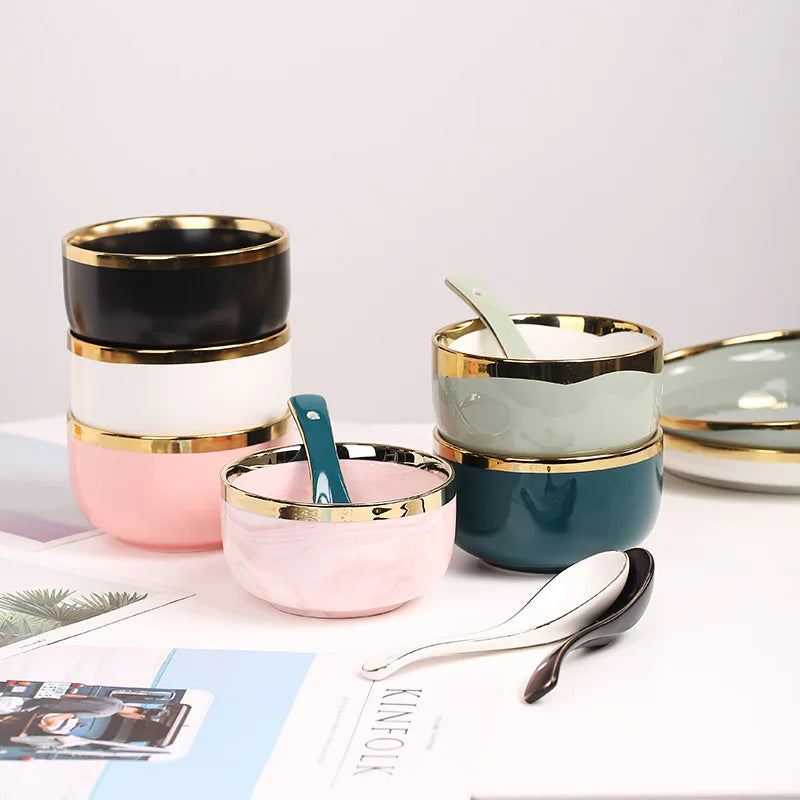 Nordic Luxury Gold Rim Dinnerware Eco-Friendly Ceramic Small Bowl for Rice Noodle Soup Cereal Single Serving Size