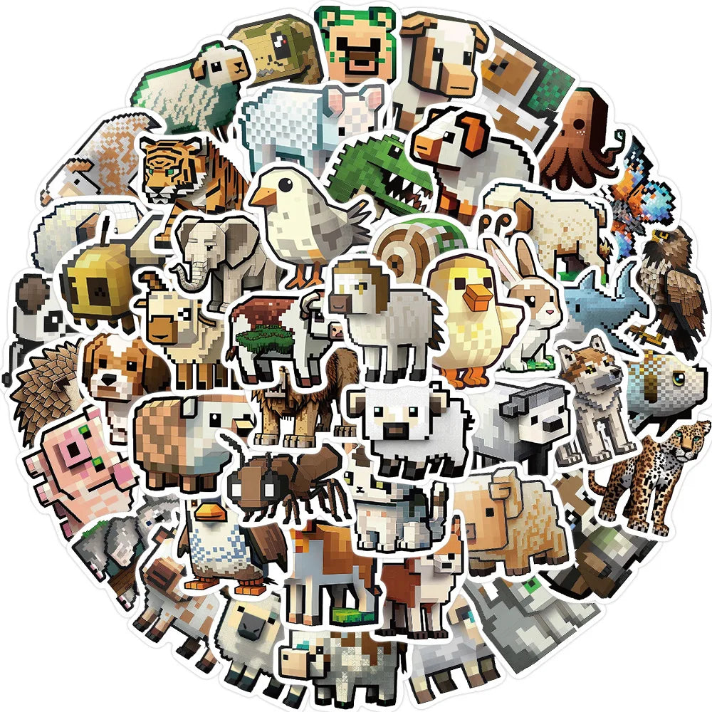 50Pcs Cartoon Pixel Animals My World Game Graffiti Stickers for Kid Notebook Wall Vinyl Block Animal Sticker