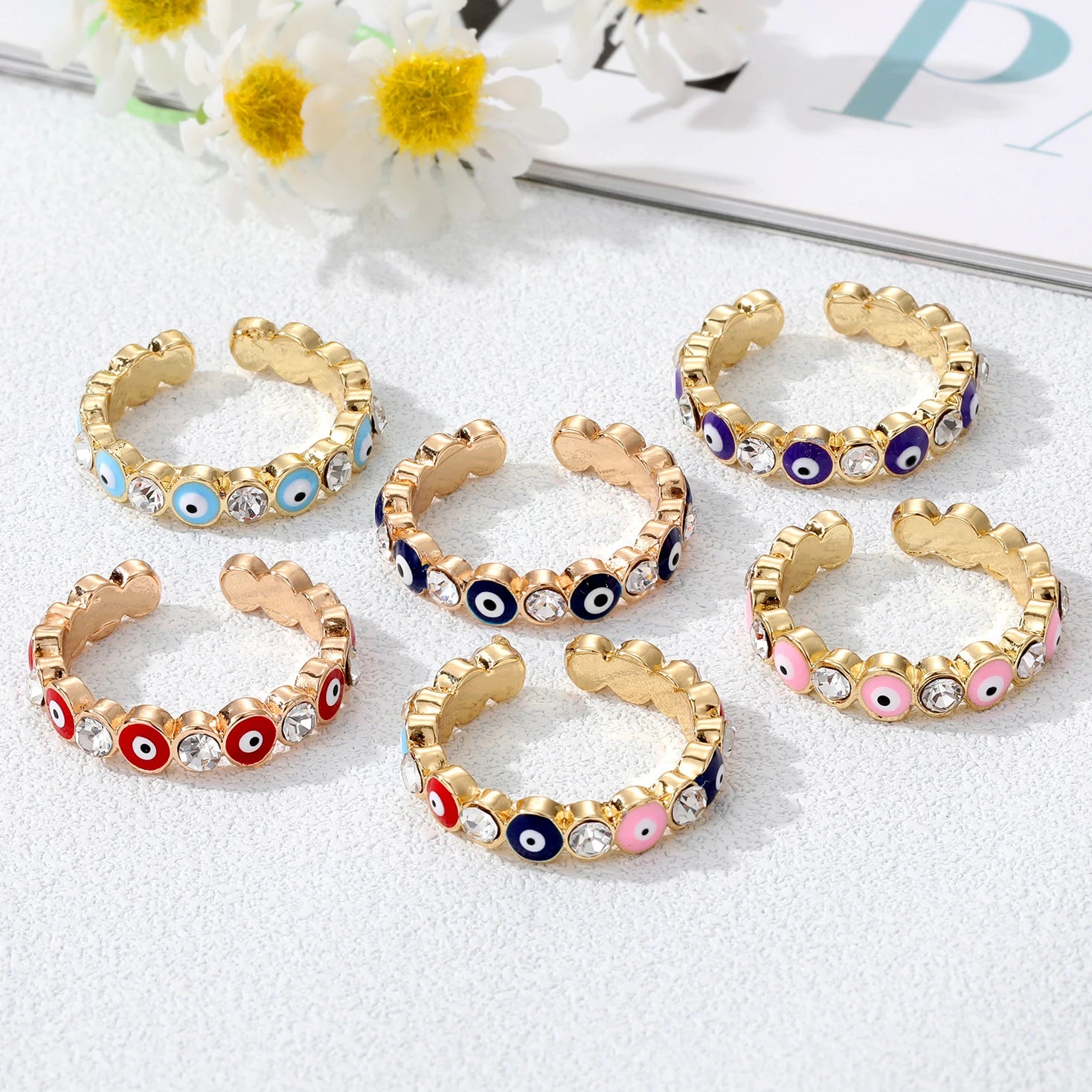 Fashion Gold Plated Red Blue Pink Women Adjustable Enamel Lucky Turkish Evil Eye Rings Jewelry