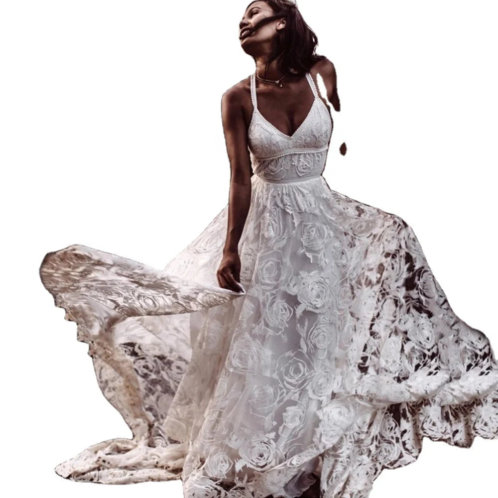 Simple Bohemia Flowers Lace V Neck Sheath Wedding Dress Sleeveless Zipper Back Bridal Gown With Belt 2025 Vestido De Novia
