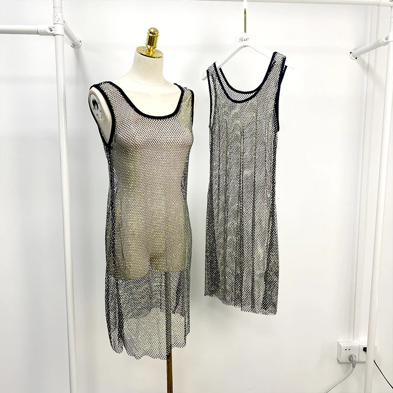 HM008 Hot Fix Rhinestone Bling Dress Mesh Elastic Rhinestone Mesh Fabric Dress