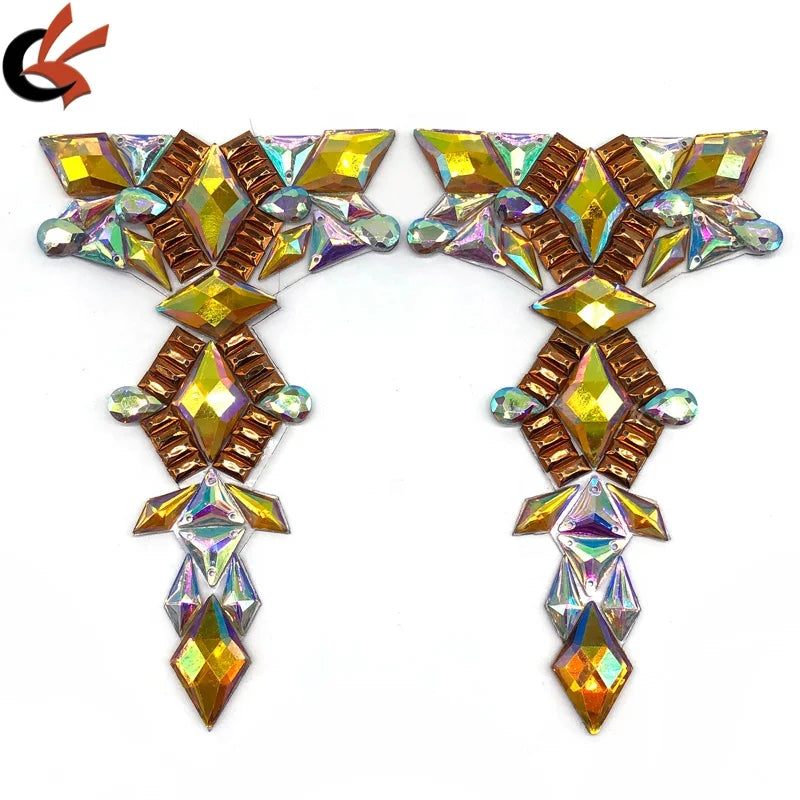 T Shape Full Gems Yellow AB and clear AB Colors Iron on Hot Fix Rhinestone Appliques for Carnival Costume Decoration