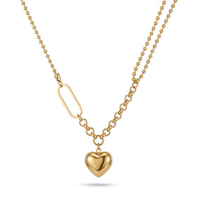 QIAOREN 11812 18K Gold Plated Stainless Steel Anti-Tarnish Hypoallergenic Mixed Bead & Paperclip Chain Heart Pendant Necklace