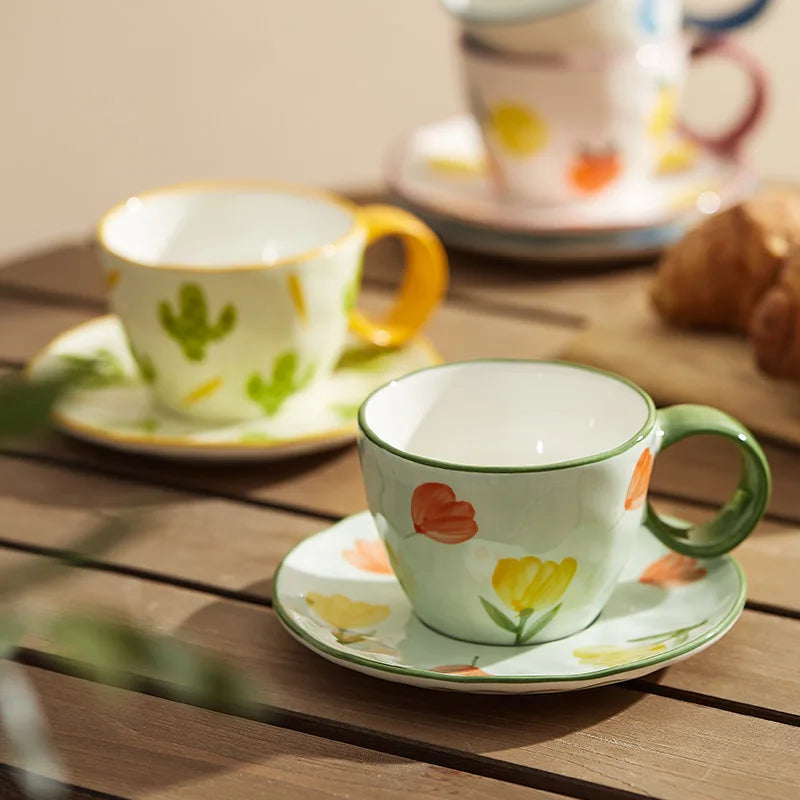Hand-painted Flower Irregular Ceramic Coffee Cup Home Office Mug With Saucer Breakfast Milk Juice Tea Handle Cup Gift Microwave