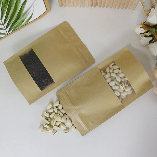 Clear Frosted Window Kraft Paper Stand-up Zipper Packaging Pouch Resealable Food Storage Bag for Sugar Pet Food Chewing Gum