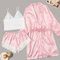 Lace Sexy Bra Set Plus Size 2xl Women 3pcs Sleepwear Set Pink Stripe Satin Robe Set