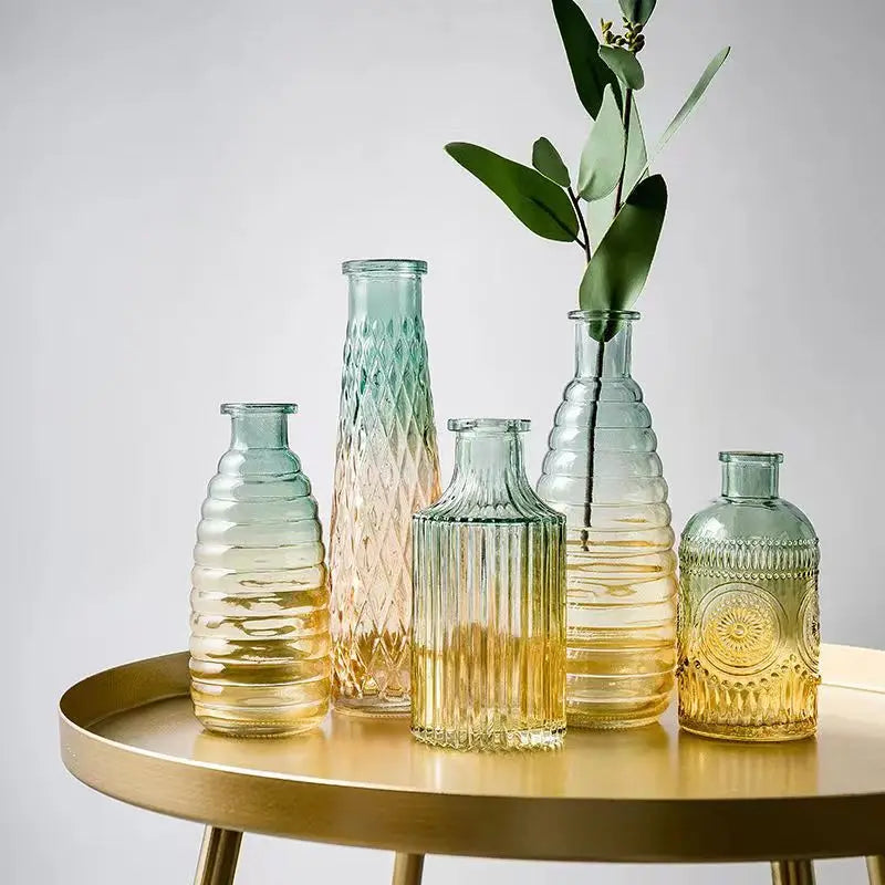 Modern Embossed Glass Vase Small Mouth Bottle Transparent Wedding Tabletop Vase