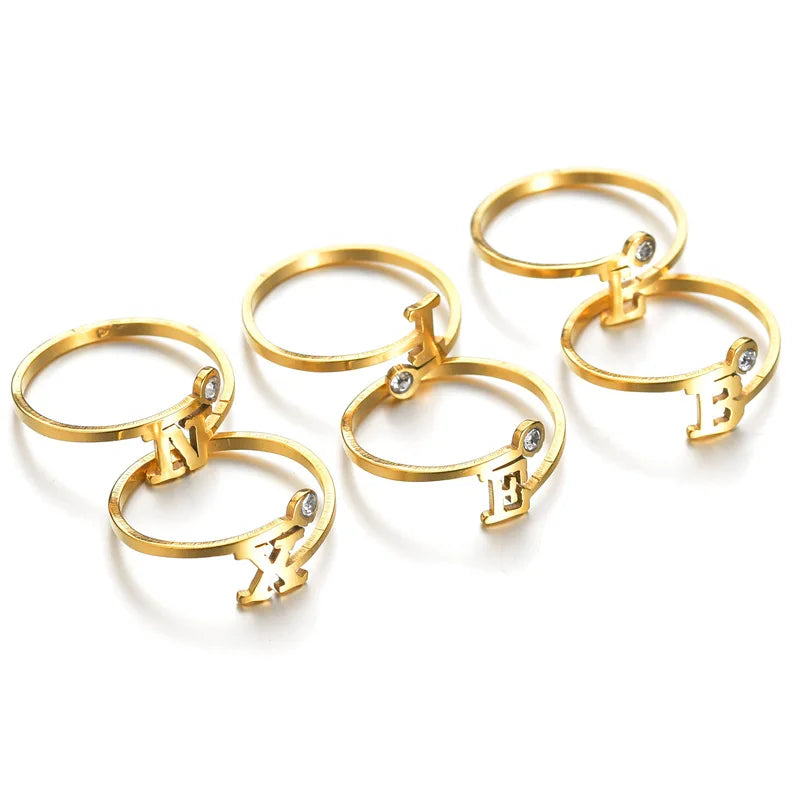 Adjustable Stainless Steel Initial Name Ring Gold Plated A-Z Alphabet Rings for Men Women Resizable with Rhinestone Inclusions