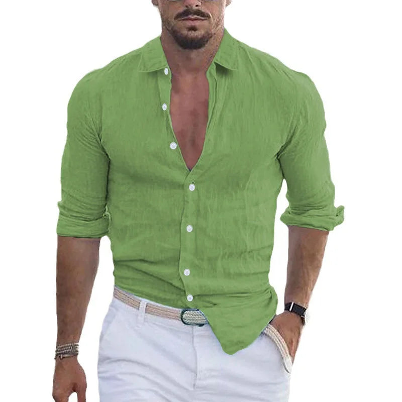RNSHANGER Men Casual Shirt Turn-down Collar Solid Long Sleeve Loose Top Autumn Handsome Fashion Beach Shirt for Men