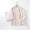 Custom Logo Breathable Quick Dry Soft Men's Pure Linen Long Sleeve Shirt Vintage Style Stand Collar Knitted Summer Daily Casual