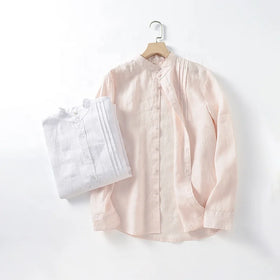 Custom Logo Breathable Quick Dry Soft Men's Pure Linen Long Sleeve Shirt Vintage Style Stand Collar Knitted Summer Daily Casual