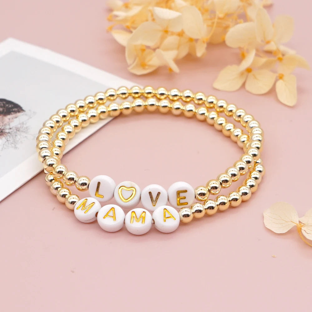 Go2BoHo Love Letter Mama Bracelet Minimalist Two Tone Fashion Jewelry  4mm Ball Bead Stretch Bracelets for Women Gift