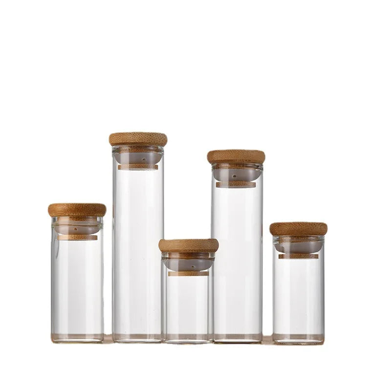 30mm Diameter Small Clear High Borosilicate Glass Food Storage Bottle with Bamboo Cork Lid Screen Printing & Matte Finish