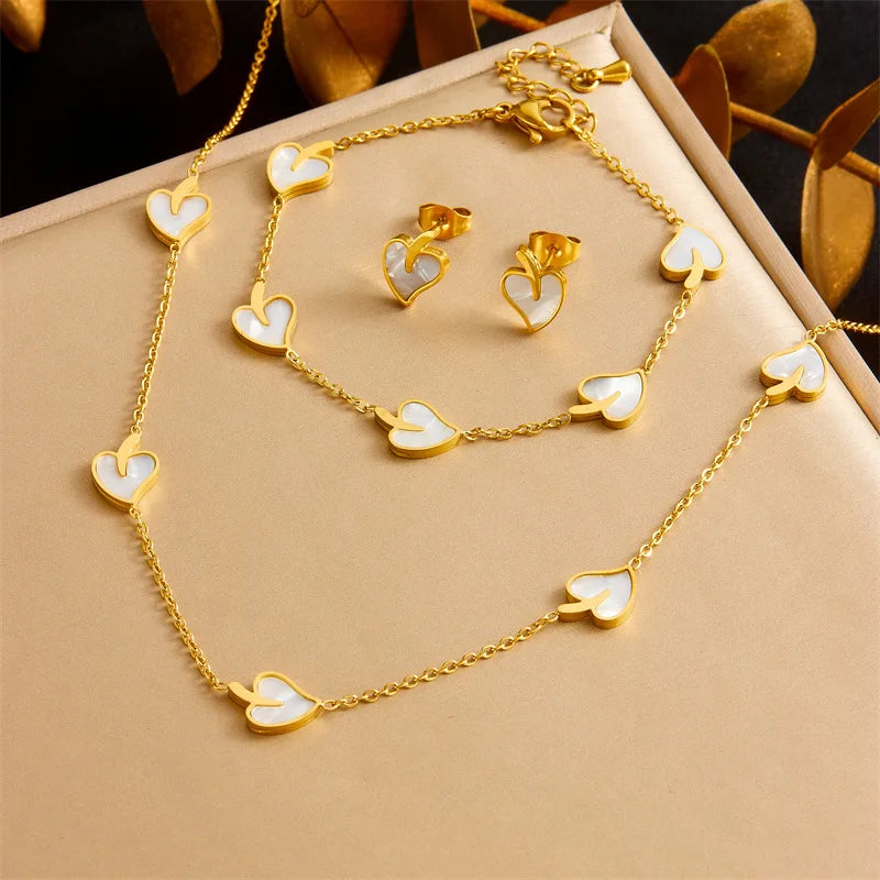New Heart Shape 18k Gold Plated Shell Jewelry Set Tarnish Free Stainless Steel Leaf Necklace Bracelet Earrings Set for Women