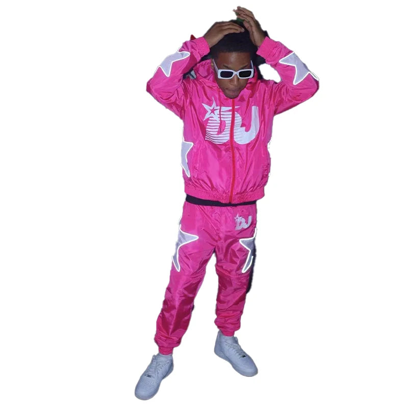 KY Reflective Material Silk Screen Printing Full Zip up Hoodie Mens Elastic Waist Pants Windbreaker Hoodie and Jogger Set