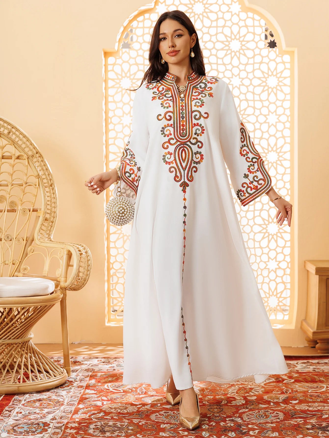 Wholesale Elegant Moroccan Ramadan Abaya Muslim Women Maxi Loose Dress Floral Embroidered Kaftan Long Sleeve Islamic Party Gown