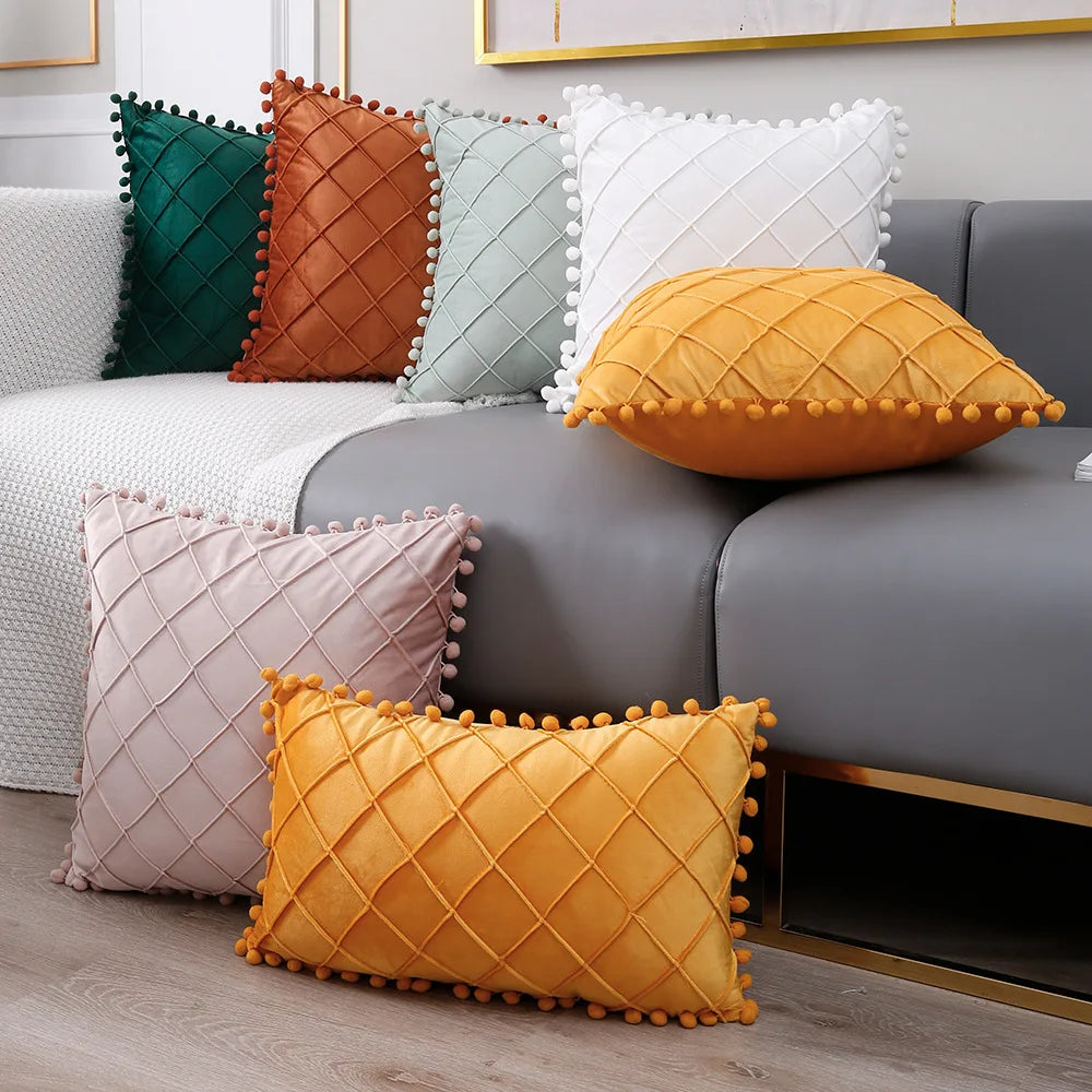 18x18 Inch Woven Geometric Velvet Pompom Lumbar Pillow Cushion Cover for Hospital & Home Use