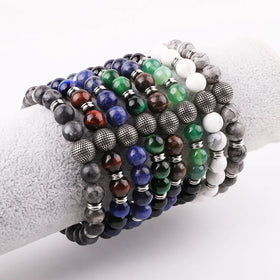 New Design 8mm Natural Stone Vintage Stainless Steel Beads Gemstone Elastic Bracelet for Men JBS12545