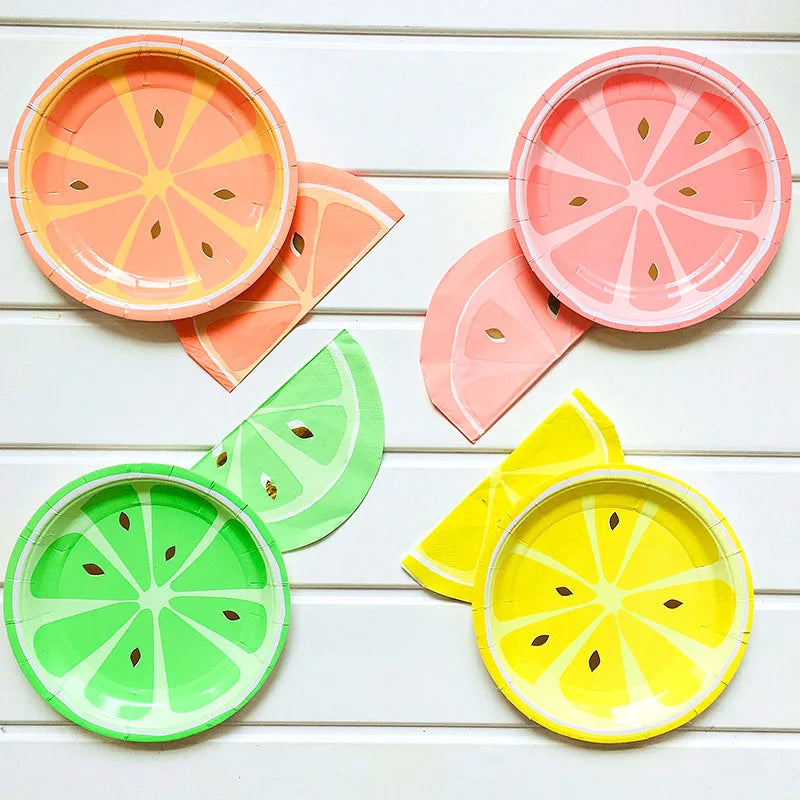 Ychon Paper Fruity Christmas Party Supplies Tableware Set Lemon Watermelon Orange Lime Tropical Disposable Dinnerware Decor