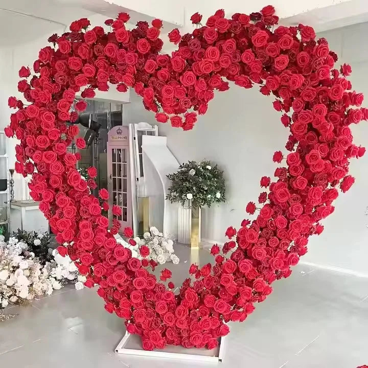 H109 Marry Me Red Big Heart Shaped Proposal Silk Faux Floral Runner Arrangement Arch Artificial Rose Heart Flowers for Decor