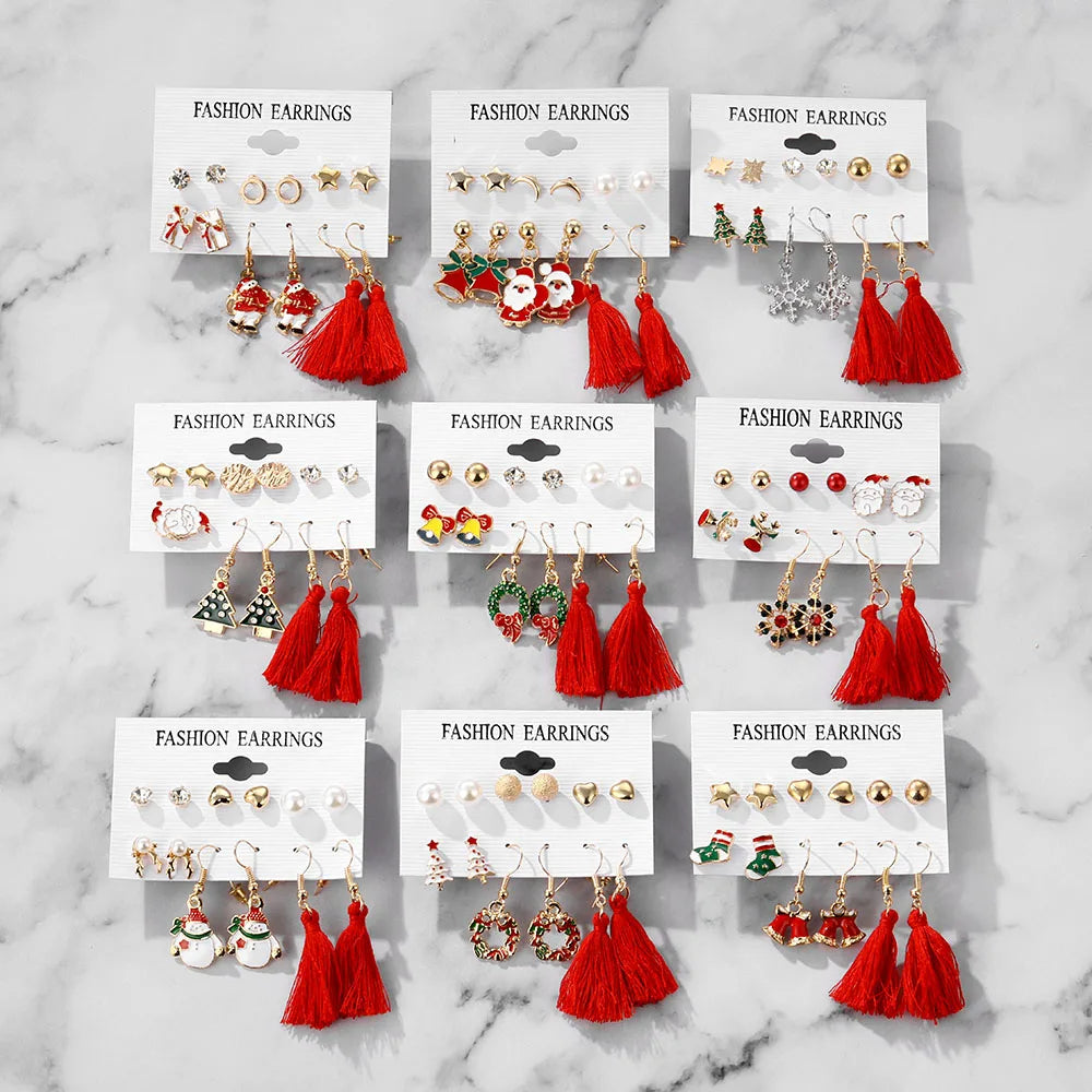 6 Pcs/Set Fashion Santa Claus Snowman Design Pearl Earring Set for Christmas Jewelry
