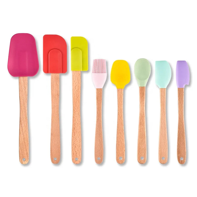 8 Pcs Nonstick Cookware Silicone Spatula Set with Wooden Handle Mini Baking Scraper Brush Small Grease Brush Cooking Tool Set