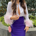 Fall Winter White Blouse Women  Elegant Shirts  Office Lady Fasion Blouses with Feathers