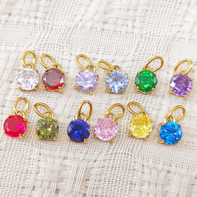 MC202 Wholesale Stainless Steel Gold Plated Jewelry 12 Colorful Round Zircon Birthstone Pendants DIY Charms for Jewelry Making