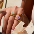 18K Gold Plated Stainless Steel Open Ring Trendy Crystal Flower Hollow Design for Wedding Classic Style Rose Gold Plating