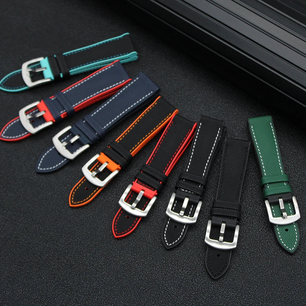 High Grade 20mm 22mm Hybrid Watch Straps Replacement Waterproof FKM Rubber+Nylon Watch Bands with Solid Stainless Steel Buckle