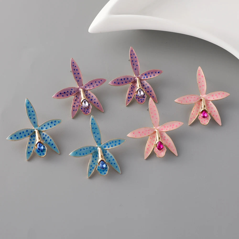 Elegant Oil Dripping Floral Vintage Earrings Blue Pink Enamel Flower Rhinestone Crystal Stud Earrings