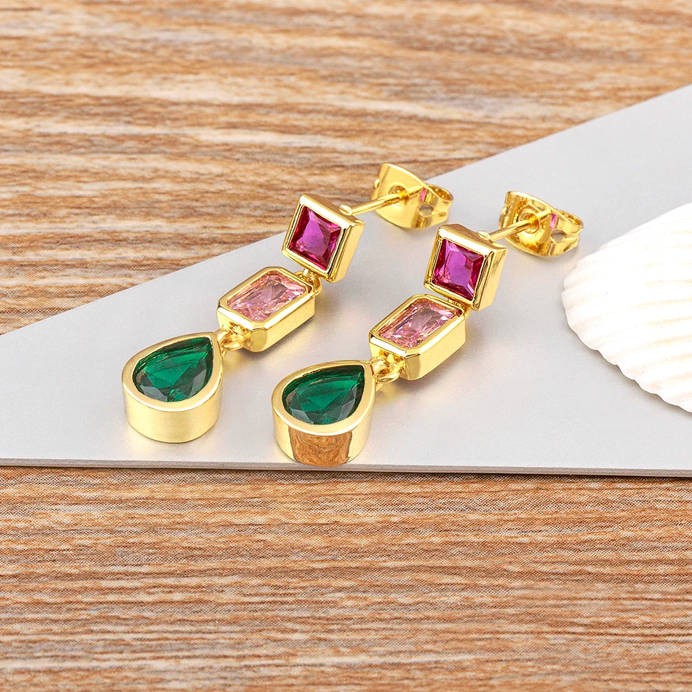 QIKU Wholesale Bohemian Square Droplet Shape Copper Zircon Green Pink Rose Red Women Drop Earrings Exquisite Jewelry